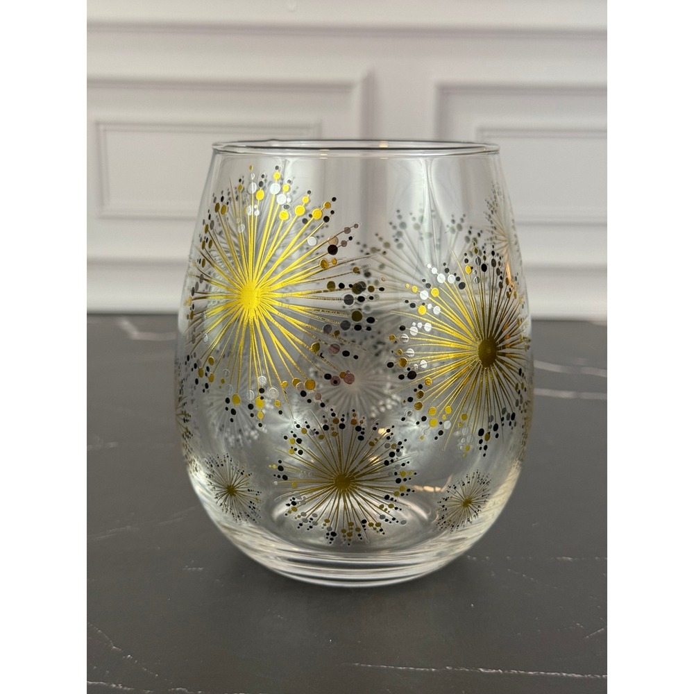 VTG MCM Fitz and Floyd Glass‎ Tumbler Gold Black Starburst Pattern 4.5" Tall